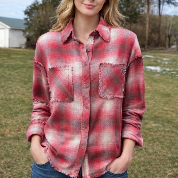 POL Tops - -POL Red Brown Bone Flannel Frayed Button Up Blouse Oversized Women’s Medium